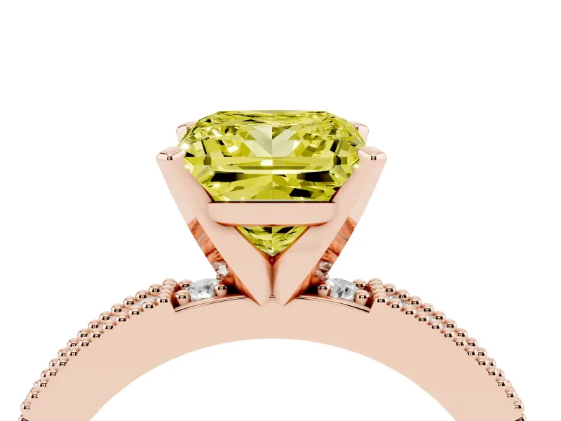 Fancy Yellow Princess Cut Diamond Solitaire Ring Set in Rose gold with Slim Pavé Band and Prong Setting