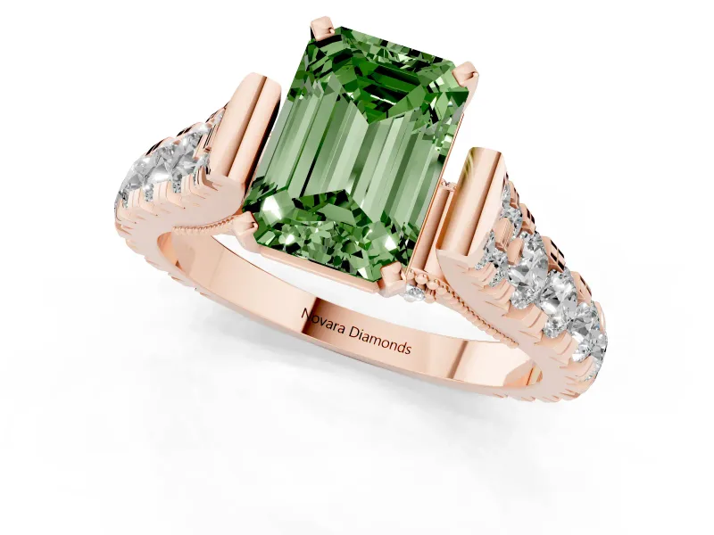 Emerald Cut Graduated Cathedral Engagement Ring Setting for a Fancy Green Lab-Grown Diamond | Side Stones | Rose Gold