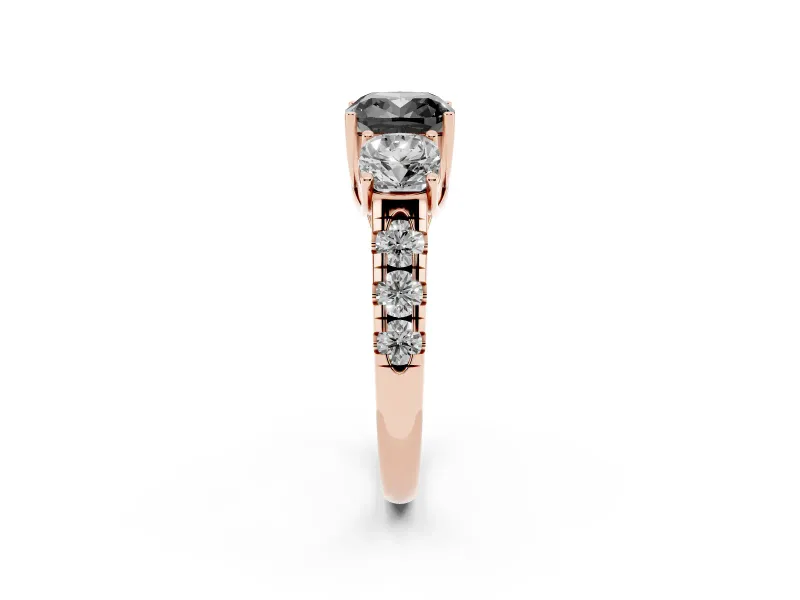 Fancy Black Cushion Cut Diamond Three-Stone Ring Set in Rose gold with Pavé Band