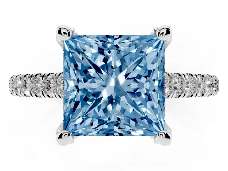 Princess Cut Hidden Halo Pave Engagement Ring Setting for a Fancy Blue Lab-Grown Diamond | Claw Prongs | Platinum