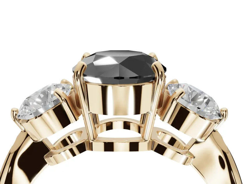 Fancy Black Round Cut Lab-Grown Diamond Three-Stone Ring Set in Yellow Gold with Channel-Set Band and Prong Setting
