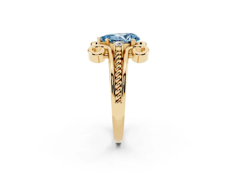 Fancy Blue Pear Cut Diamond Twisted Band Solitaire Ring Set in Yellow gold with Scroll Prongs