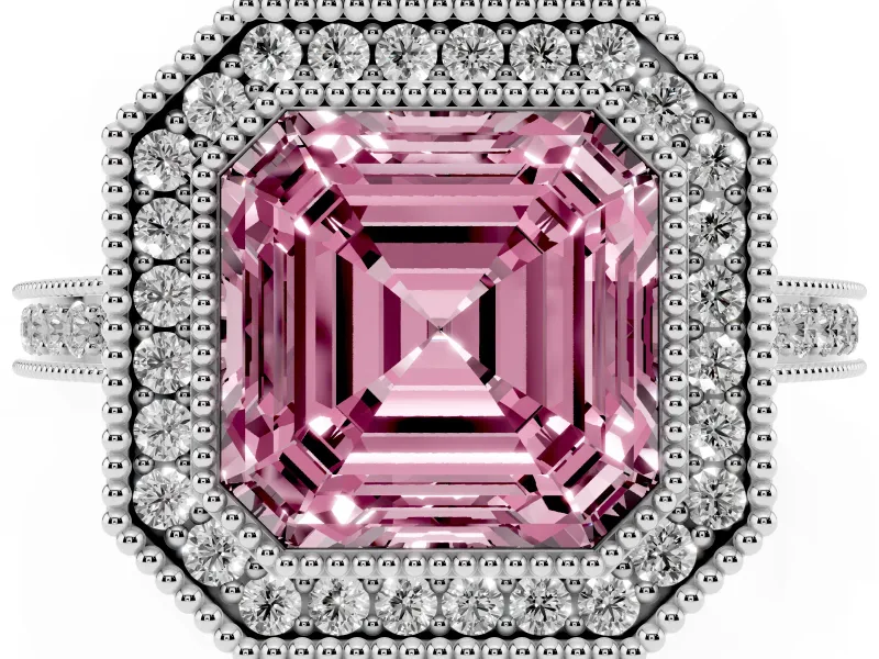 Fancy Pink Asscher Cut Diamond Halo Ring Set in Silver with Pavé Band and Milgrain-Edged Prongs