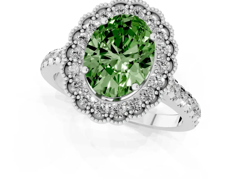 Oval Vintage Milgrain Floral Halo Engagement Ring Setting for a Fancy Green Lab-Grown Diamond | Pavé Band | Platinum