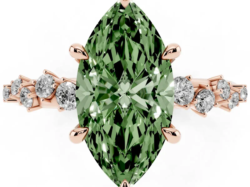 Fancy Green Marquise Cut Diamond Solitaire Vine Band Ring Set in Rose gold with Round Accents and Prong Setting