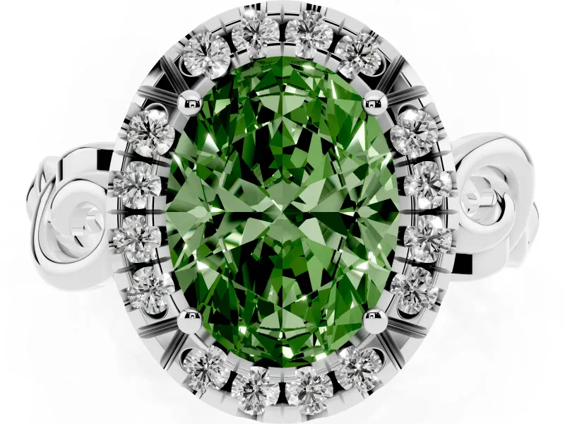 Fancy Green Oval Cut Diamond Halo Ring Set in White gold with Scrollwork Band and Prong Setting