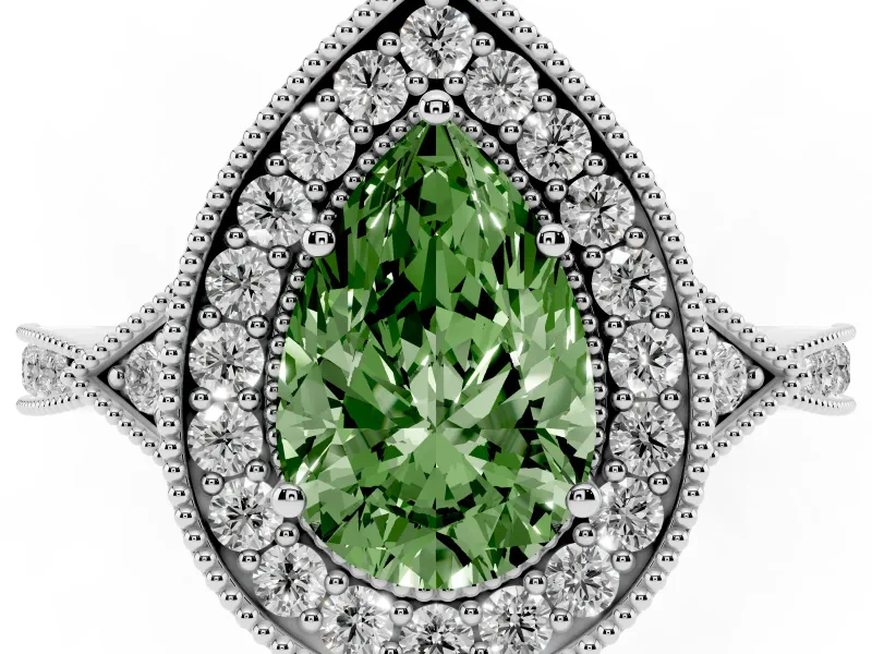 Fancy Green Pear Cut Diamond Halo Engagement Ring Set in White gold with Milgrain Pavé Band