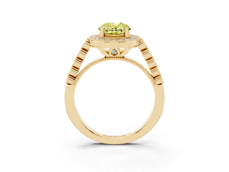 Oval Milgrain Halo Engagement Ring Setting for a Fancy Yellow Lab-Grown Diamond | Graduated Bezel Accents | Yellow Gold