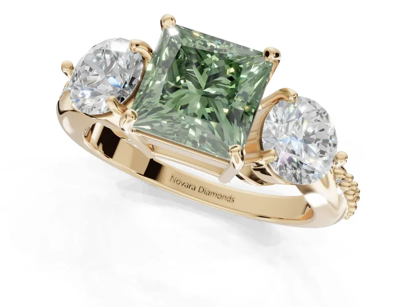 Princess Cut Three Stone Engagement Ring Setting for a Fancy Green Lab-Grown Diamond | Tapered Pave Band | Yellow Gold