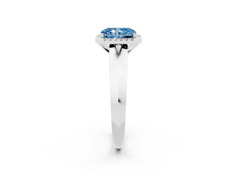 Fancy Blue Radiant Cut Diamond Halo Ring Set in Silver with Cathedral Band and Prong Setting