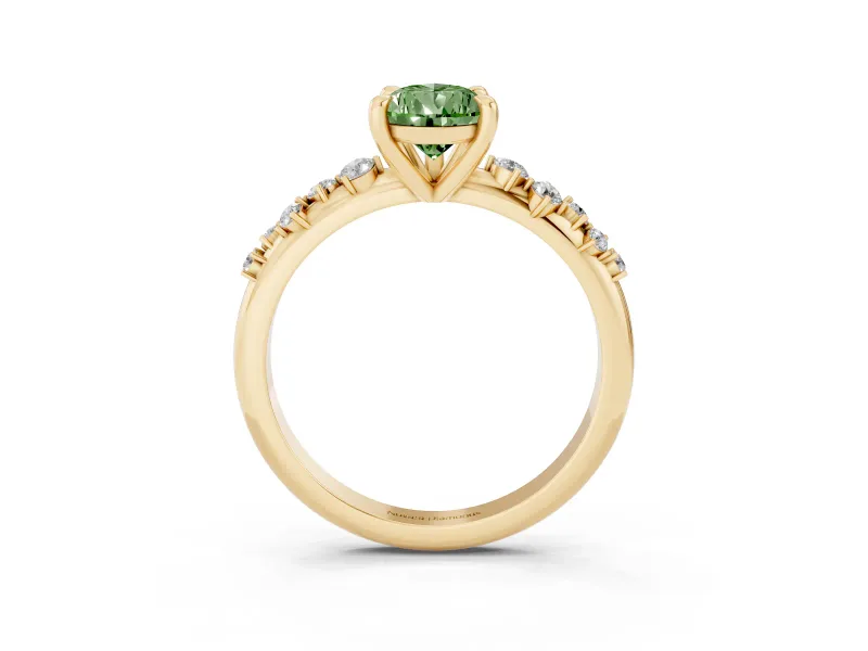 Fancy Green Pear Cut Diamond Solitaire Vine Band Ring Set in Yellow gold with Round Accents and Prong Setting