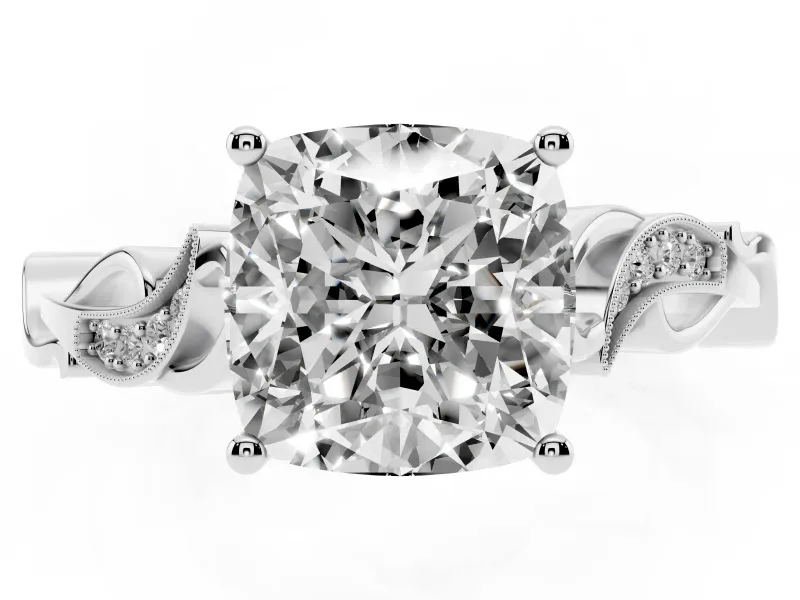 Cushion Cut Vintage Vine Solitaire Engagement Ring Setting | Milgrain Leaves | Platinum