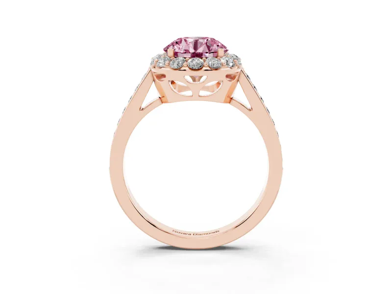 Fancy Pink Round Cut Diamond Floral Halo Ring Set in Rose gold with Pavé Band and Prong Setting