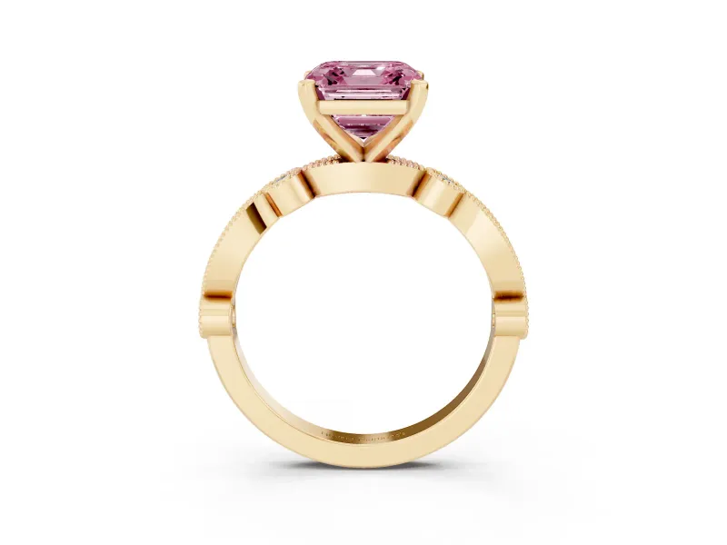 Fancy Pink Asscher Cut Diamond Solitaire Engagement Ring Set in Yellow gold with Milgrain Bezel Accent Band