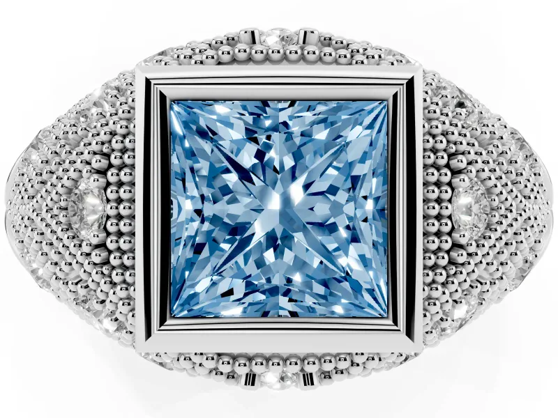 Fancy Blue Princess Cut Diamond Bezel Ring Set in Platinum with Milgrain Accent Band