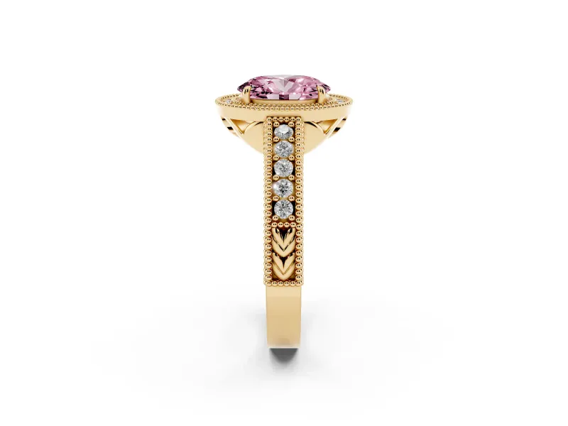 Fancy Pink Oval Cut Diamond Halo Ring Set in Yellow gold with Round Accent Halo, Pavé Band and Prong Setting