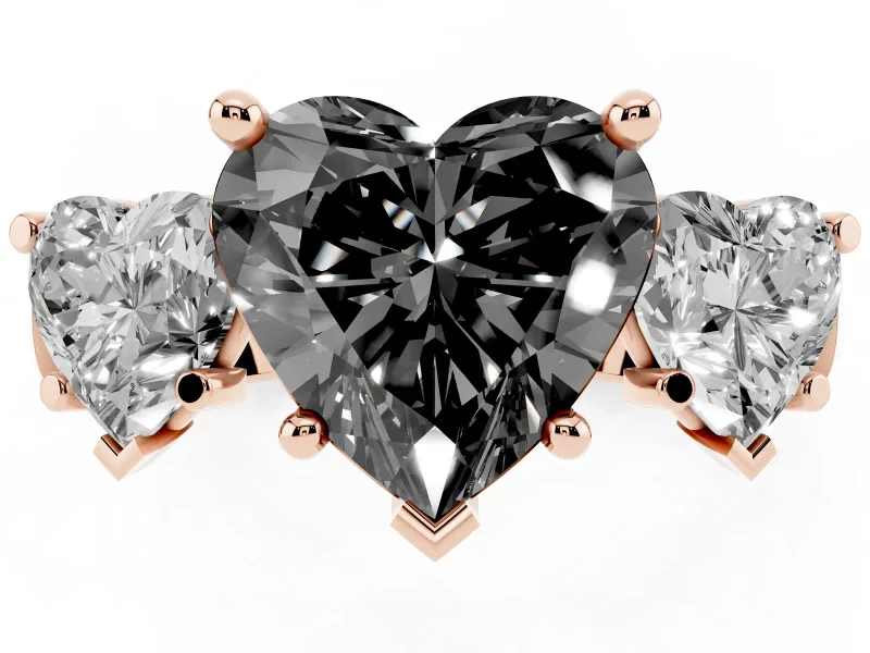 Heart-Shaped Three Stone Engagement Ring Setting for a Black Center | Plain Squared Band | Rose Gold