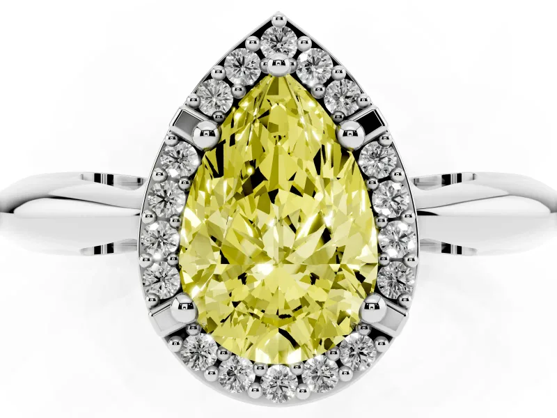 Fancy Yellow Pear Cut Diamond Halo Engagement Ring Set in White gold with Plain Split Shank and Prong Setting