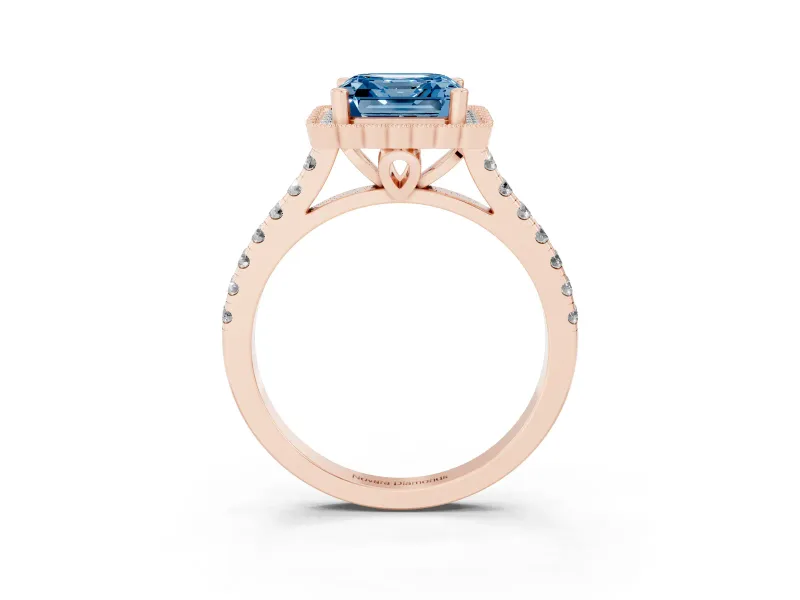 Asscher Cut Milgrain Floral Halo Engagement Ring Setting for a Fancy Blue Lab-Grown Diamond | Pavé Band | Rose Gold
