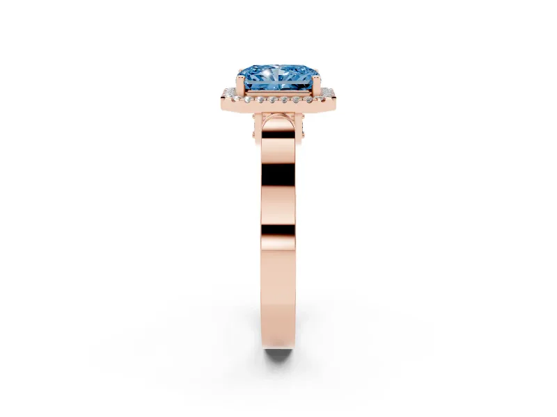 Radiant Cut Halo Engagement Ring Setting for a Fancy Blue Lab-Grown Diamond | Pavé Panel Shoulders | Rose Gold