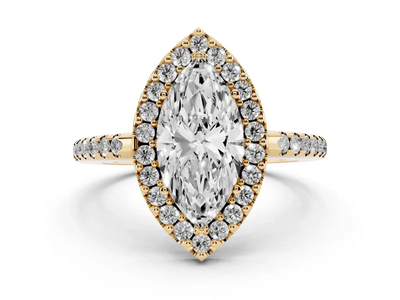 Marquise Cut Diamond Pavé Halo Ring Set in Yellow gold with Prong Setting