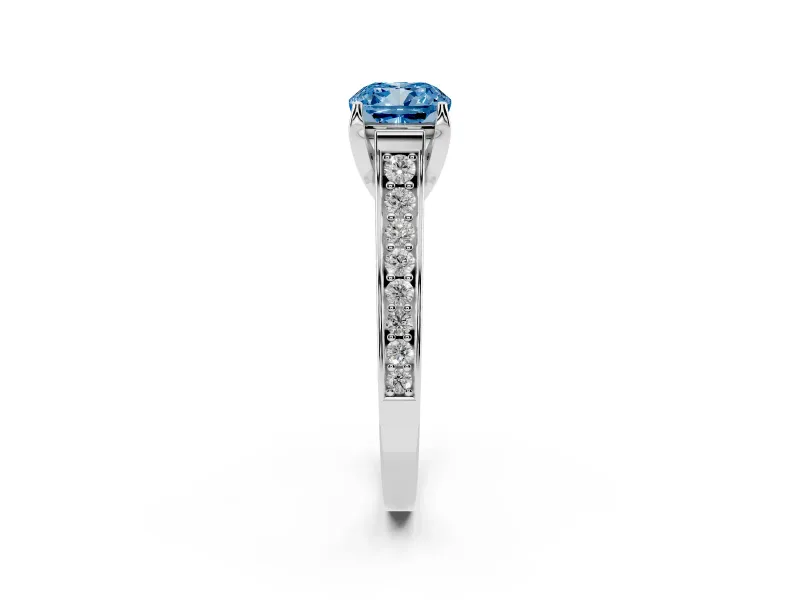 Fancy Blue Cushion Cut Diamond Solitaire Pavé Engagement Ring Set in White gold with Prong Setting