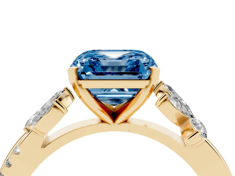Fancy Blue Asscher Cut Diamond Floral Vine Solitaire Engagement Ring Set in Yellow gold with Marquise Leaves