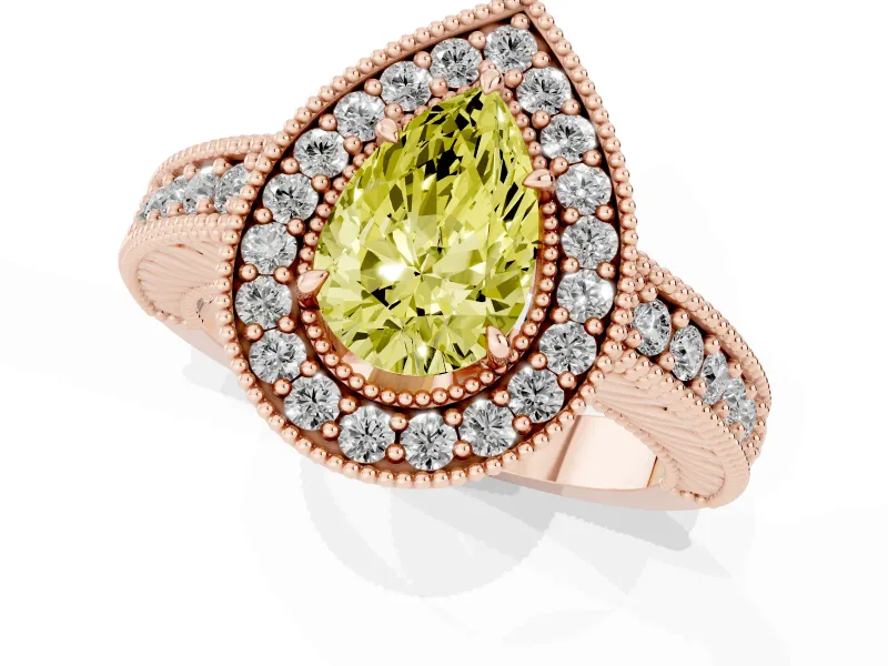Pear-Shaped Milgrain Halo Engagement Ring Setting for a Fancy Yellow Lab-Grown Diamond | Carved Leaf Detail | Rose Gold