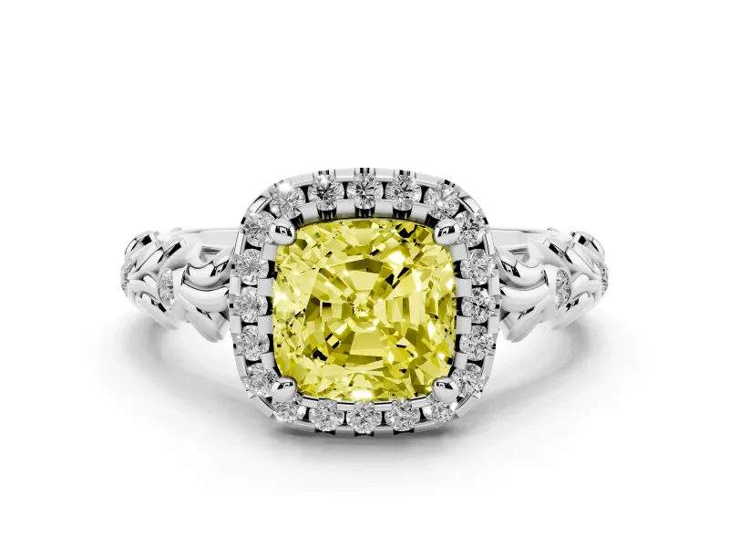 Fancy Yellow Cushion Cut Diamond Halo Ring Set in Silver with Filigree Leaf Band and Prong Setting
