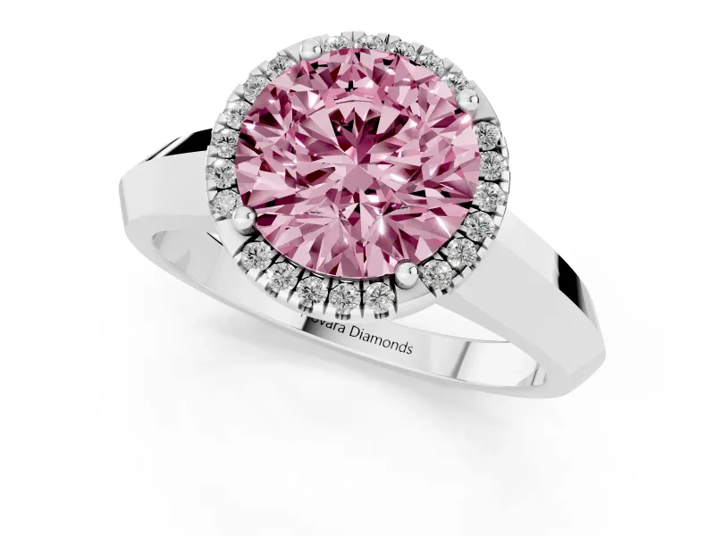 Fancy Pink Round Cut Diamond Halo Ring Set in White gold with Cathedral Band and Prong Setting