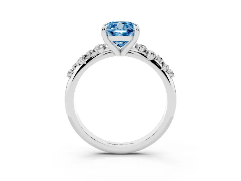 Fancy Blue Cushion Cut Diamond Solitaire Vine Band Ring Set in White gold with Round Accents and Prong Setting