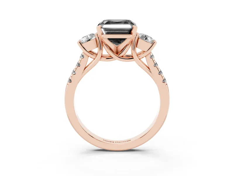 Fancy Black Three-Stone Asscher Cut Diamond Pavé Band Ring Set in Rose gold with Prong-Set Trio