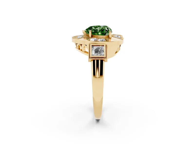 Fancy Green Heart Cut Diamond Milgrain Halo Ring Set in Yellow gold with Split Shank