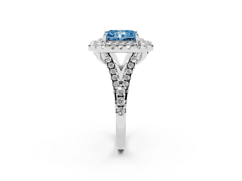 Radiant Cut Halo Split Shank Engagement Ring Setting for a Fancy Blue Lab-Grown Diamond | Sterling Silver