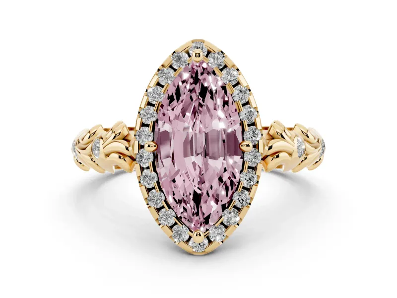 Fancy Pink Marquise Cut Diamond Halo Ring Set in Yellow gold with Filigree Leaf Band and Prong Setting