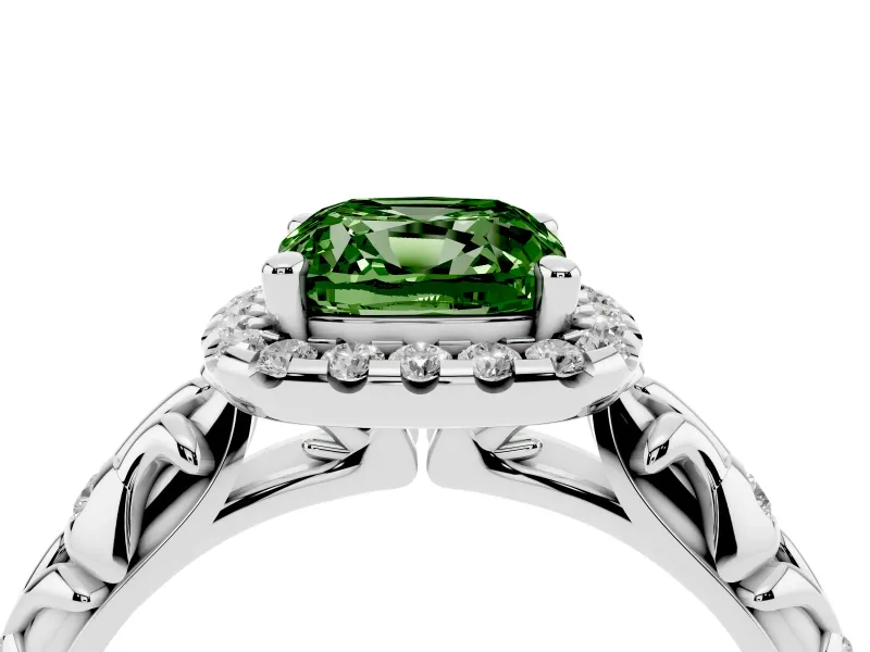 Cushion Cut Leaf Halo Engagement Ring Setting for a Fancy Green Lab-Grown Diamond | Bezel Accents | Platinum