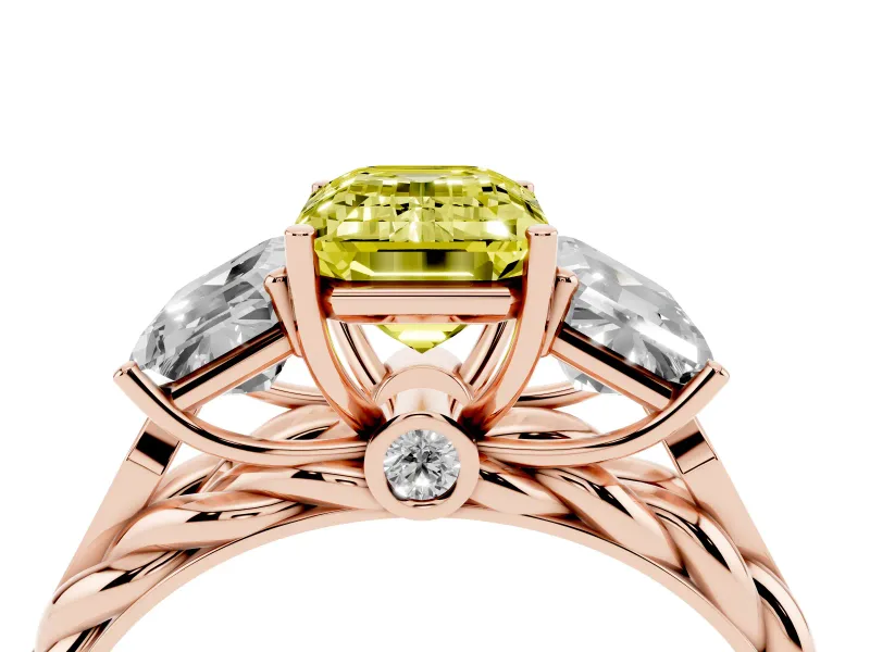 Fancy Yellow Emerald Cut Diamond Three-Stone Ring Set in Rose gold with Braided Band