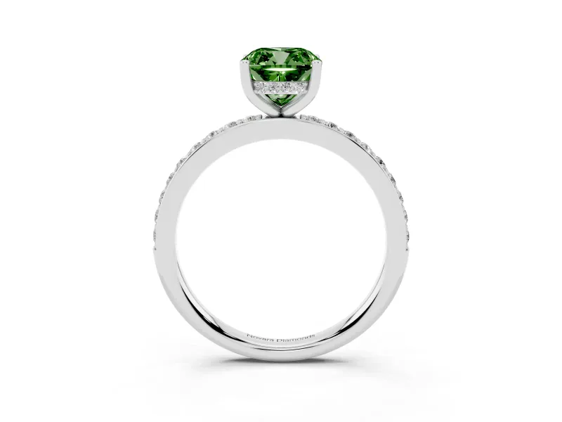 Fancy Green Cushion Cut Diamond Pavé Band Ring Set in White gold with Prong-Set Center Stone