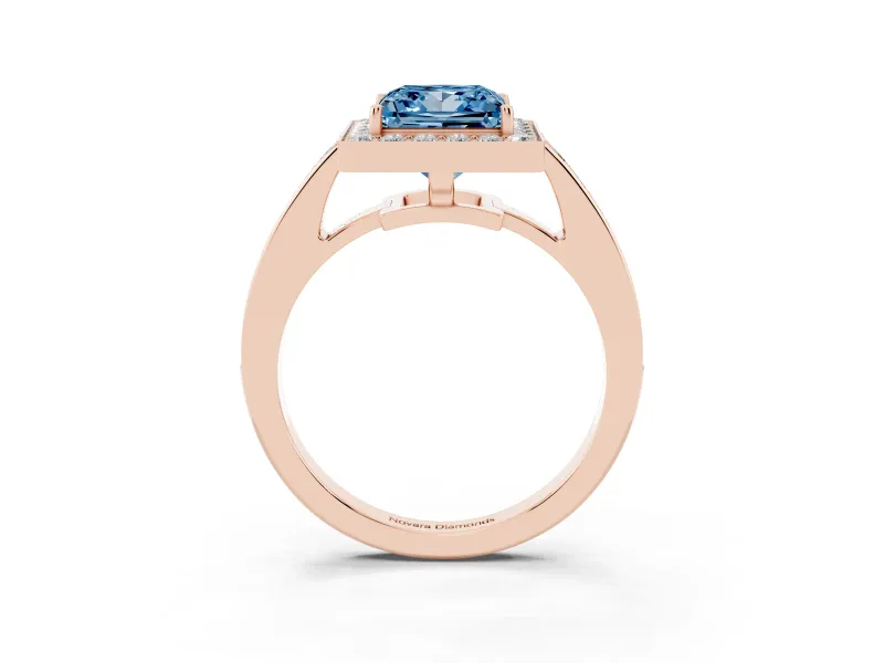 Fancy Blue Princess Cut Diamond Halo Pavé Engagement Ring Set in Rose gold with Bezel Setting