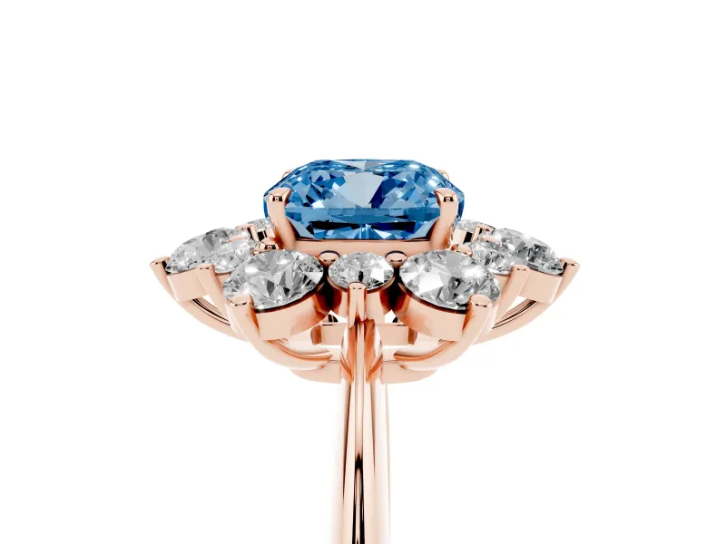 Cushion Cut Cluster Halo Engagement Ring Setting for a Fancy Blue Lab-Grown Diamond | Rose Gold