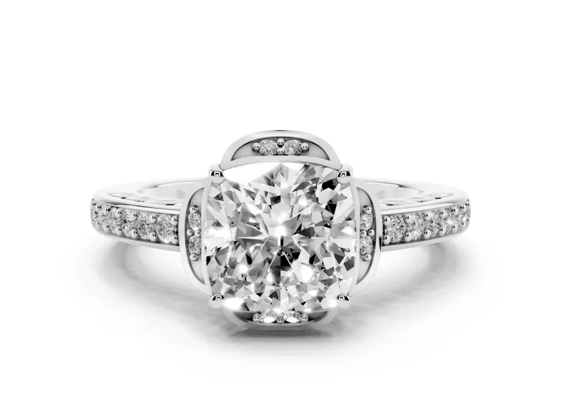 Cushion Cut Diamond Halo Ring Set in Platinum with Channel Set Band and Prong Setting
