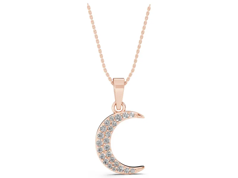 Round Lab-Grown Diamond Pavé Crescent Moon Pendant Necklace | Polished Rim | Rose Gold