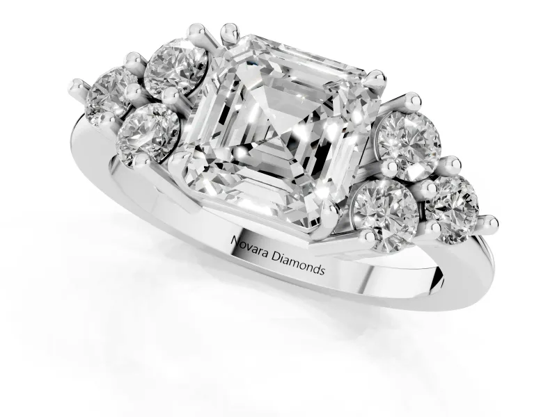 Asscher Cut Diamond Solitaire Ring Set in Silver with Cluster Accents on Each Side