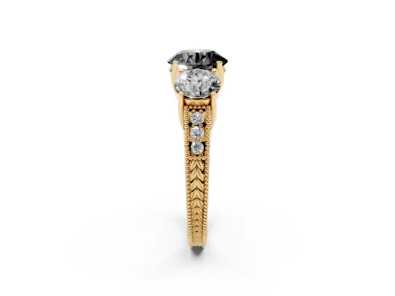 Round Vintage Three Stone Engagement Ring Setting for a Black Center | Yellow Gold