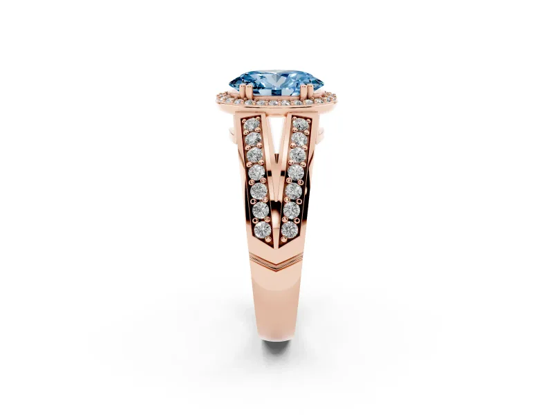 Fancy Blue Oval Cut Diamond Halo Ring Set in Rose gold with Double Pavé Split Shank