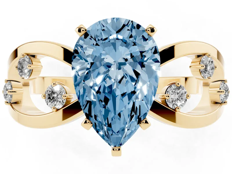 Fancy Blue Pear Cut Diamond Solitaire Ring Set in Yellow gold with Side Stones on Criss-Cross Band and Prong Setting
