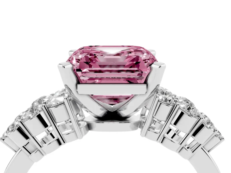 Fancy Pink Asscher Cut Diamond Cluster Engagement Ring Set in White gold with Pavé Band and Prong Setting