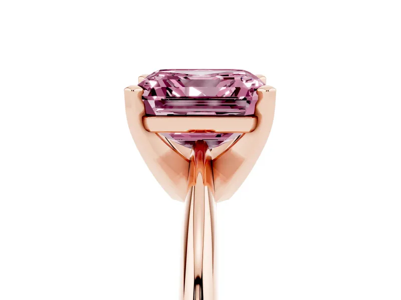 Fancy Pink Asscher Cut Diamond Solitaire Ring Set in Rose gold with Prong Setting on a Plain Round Band