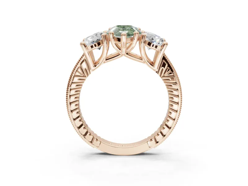 Pear-Shaped Vintage Three Stone Engagement Ring Setting for a Fancy Green Lab-Grown Diamond | Graduated Pavé | Rose Gold