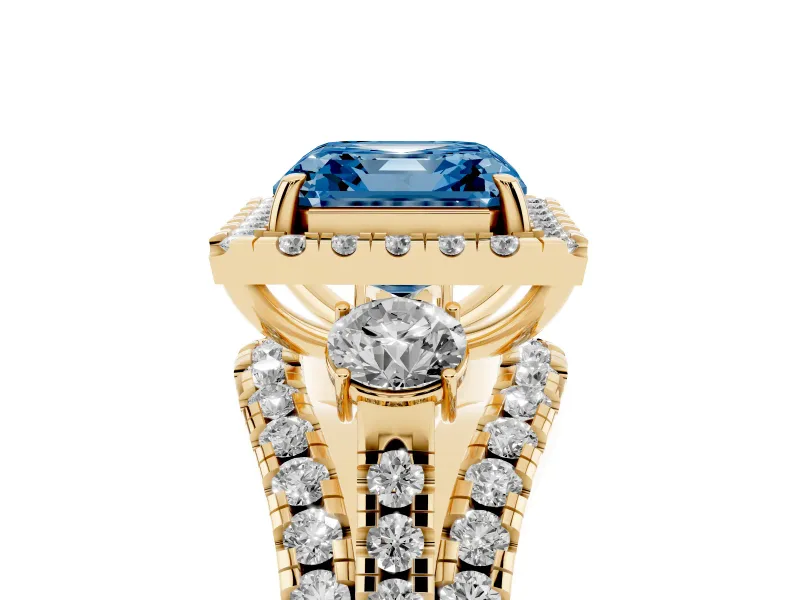 Asscher Cut Halo Split Shank Engagement Ring Setting for a Fancy Blue Lab-Grown Diamond | Yellow Gold